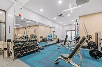 Fitness center including free weights, weightlifting equipment and machines, and cardio equipment